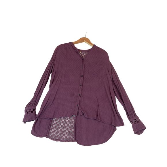 Free People Womens Purple Crochet Back Gauze Long Sleeves Button-Down Top Size S - Picture 1 of 11